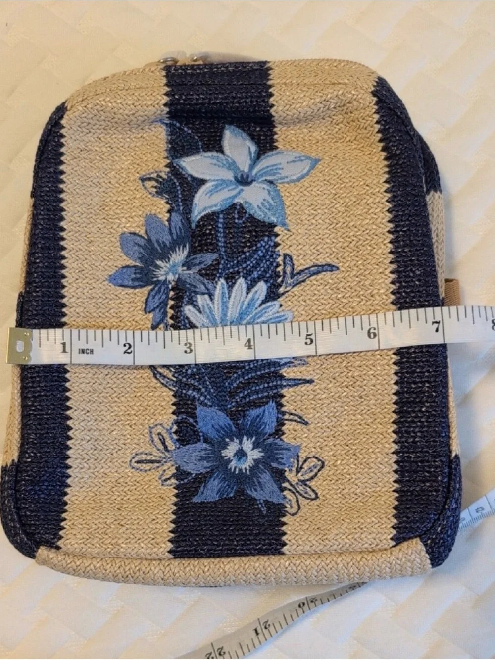 Vera Bradley Mini Straw Backpack, Navy Stripe Straw Floral $85